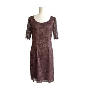 Antonio Melani Maroon Gold Foil Lace Short Sleeve Sheath Cocktail Dress Size 6